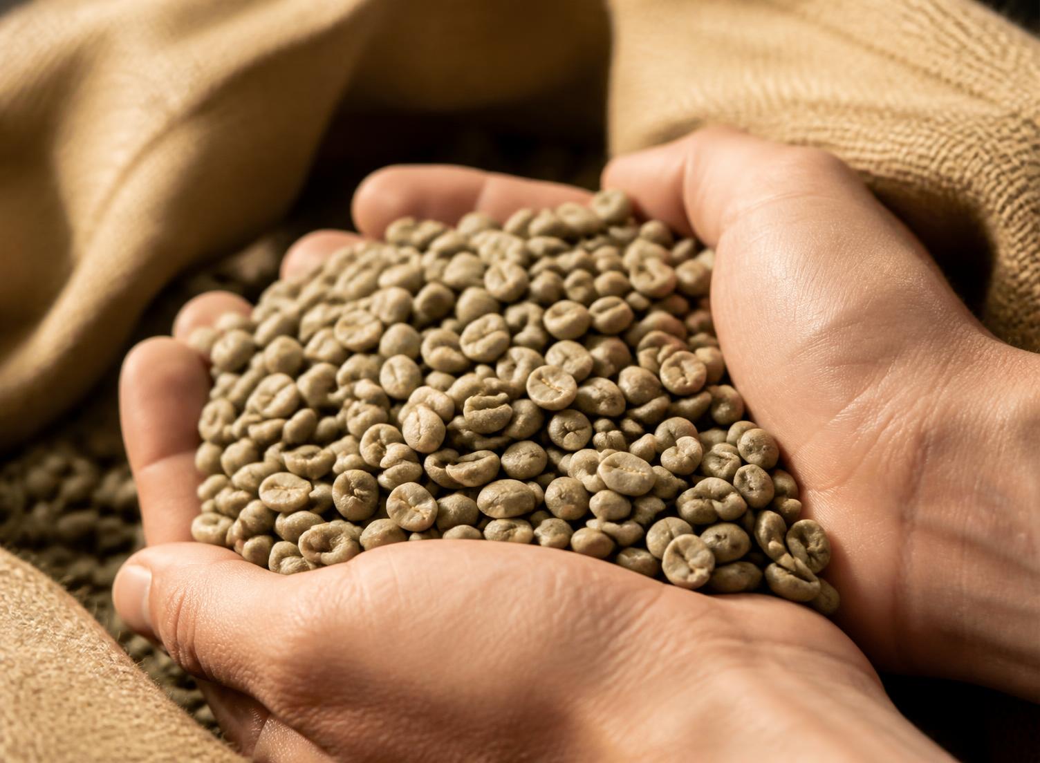 Hands holding raw green coffee beans over a burlap sack