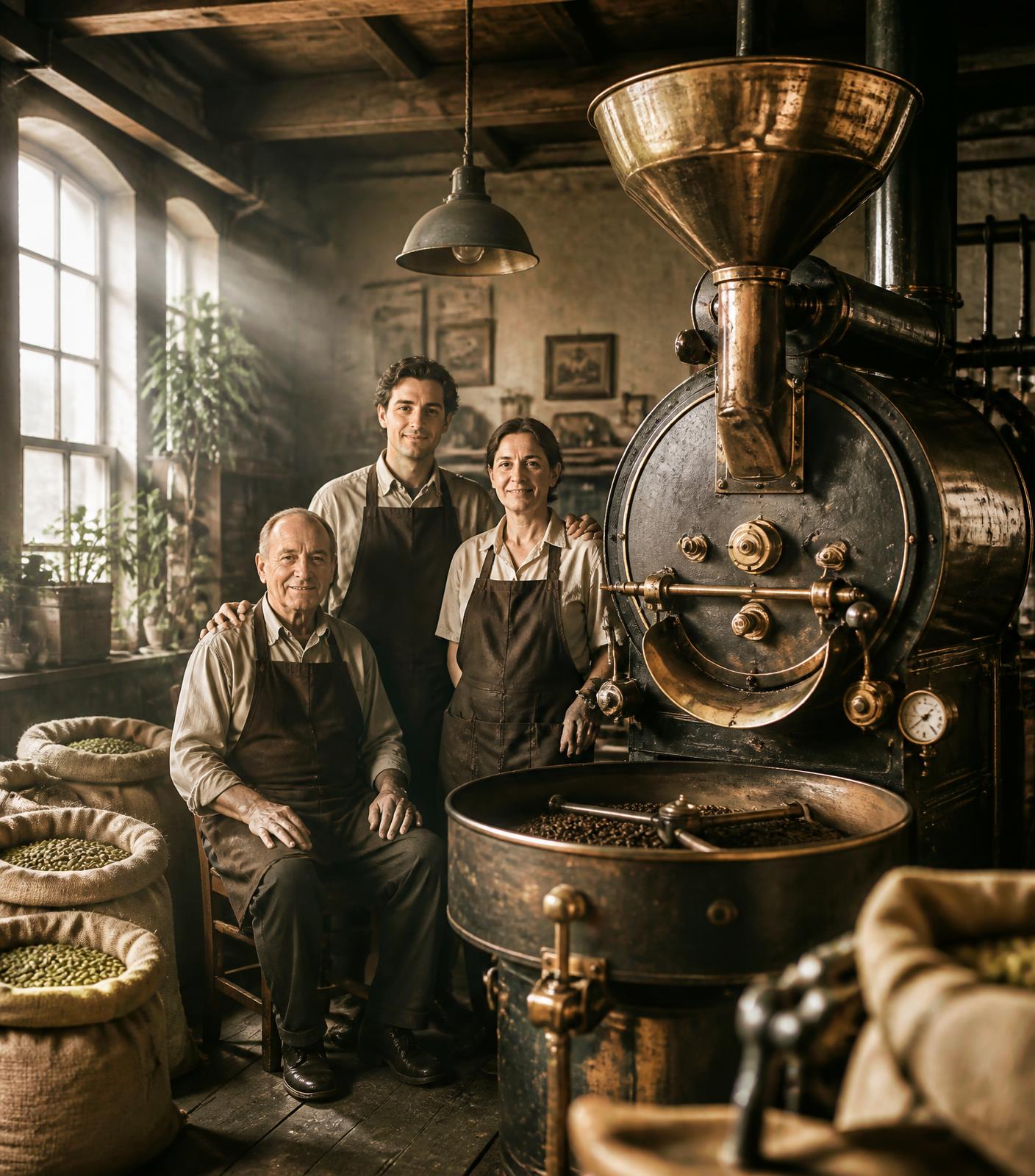 A family roastery with an antique roaster and sacks of green coffee