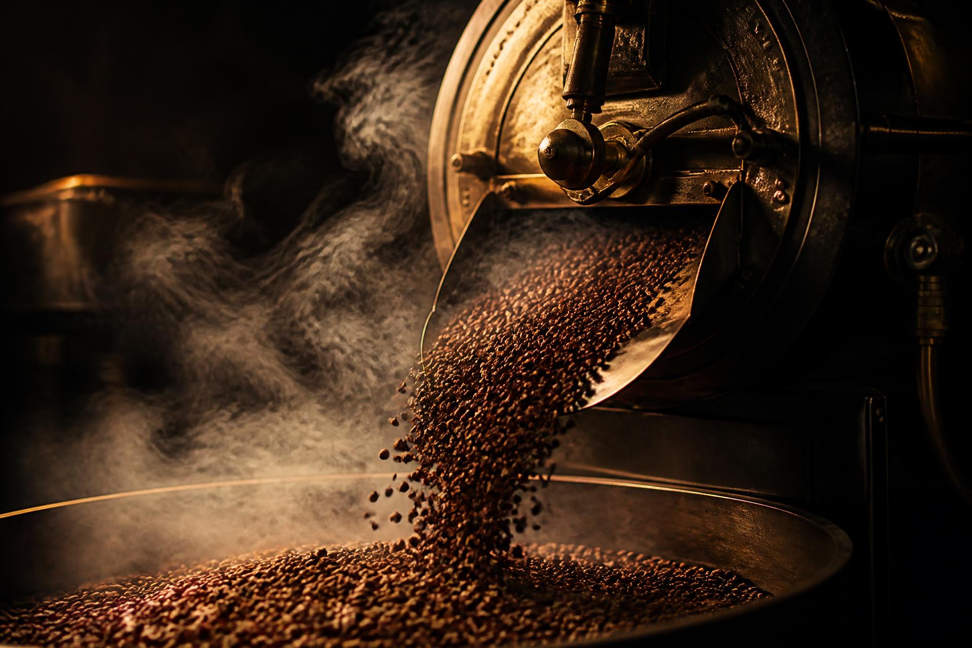 Freshly roasted coffee beans falling from a brass roaster